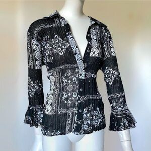 Vintage 90s Y2K black & white button up top blouse shirt sz L - boho whimsygoth